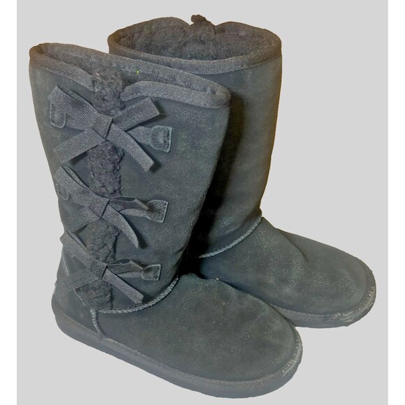 Koolaburra By UGG Victoria High Boots Girls Size 3 Black Bows Shearling Distress - Picture 1 of 16